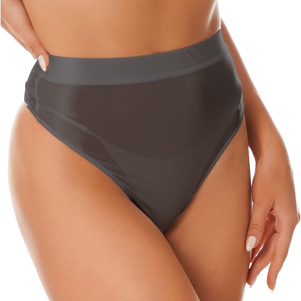 ACSUSS Women Sexy Oil Shiny Panties High Waist Tummy Control Thin Smooth Lingerie Lifting Hip Briefs 2# Grey X-Large