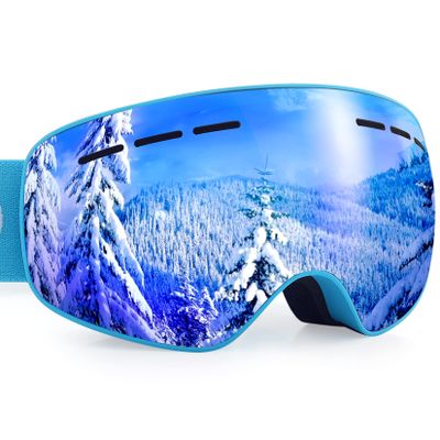 Dizokizo Ski Goggles Interchangeable Spherical Lens for Skiing Snowboard Anti-fog 100% UV Protection Triple Breathable Foams for Kids REVO Blue