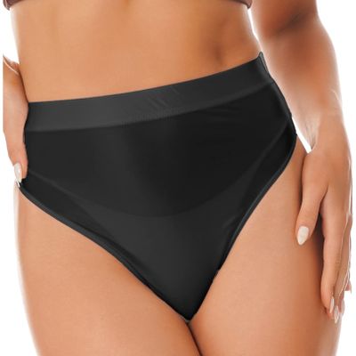 FEESHOW Women Shiny Bikini Bottoms Silky Bikini High Waist Tights Underwear Oily Briefs Yoga Shorts 2# Black XX-Large
