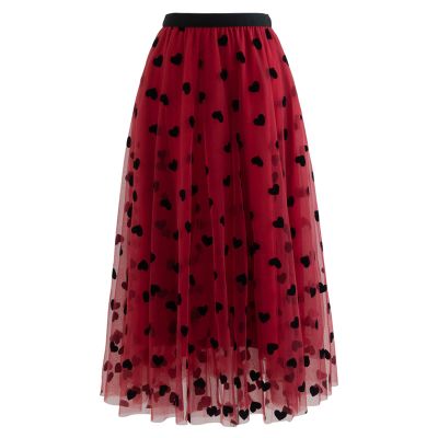 CHICWISH Women's Red 3D Heart Double-Layered Mesh Tulle Maxi Skirt, Size S-M