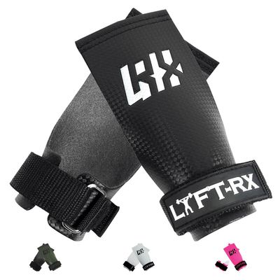 LYFT-RX Carbon Fiber Hand Grips for Weightlifting, Cross Training, Pullup, Muscle Ups - No Hole Fingerless Grip, Gymnastics Fit, Men/Women Lift Gloves, Protects Palms & Enhances Grip, Black, Medium