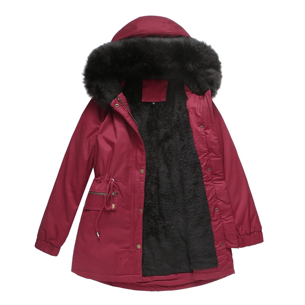 Womens Hooded Warm Winter Solid Color Thicken Fleece Lined Parkas Long Coats Button Mid-Length Quilted Puffer Jacket (XX-Large,Red)