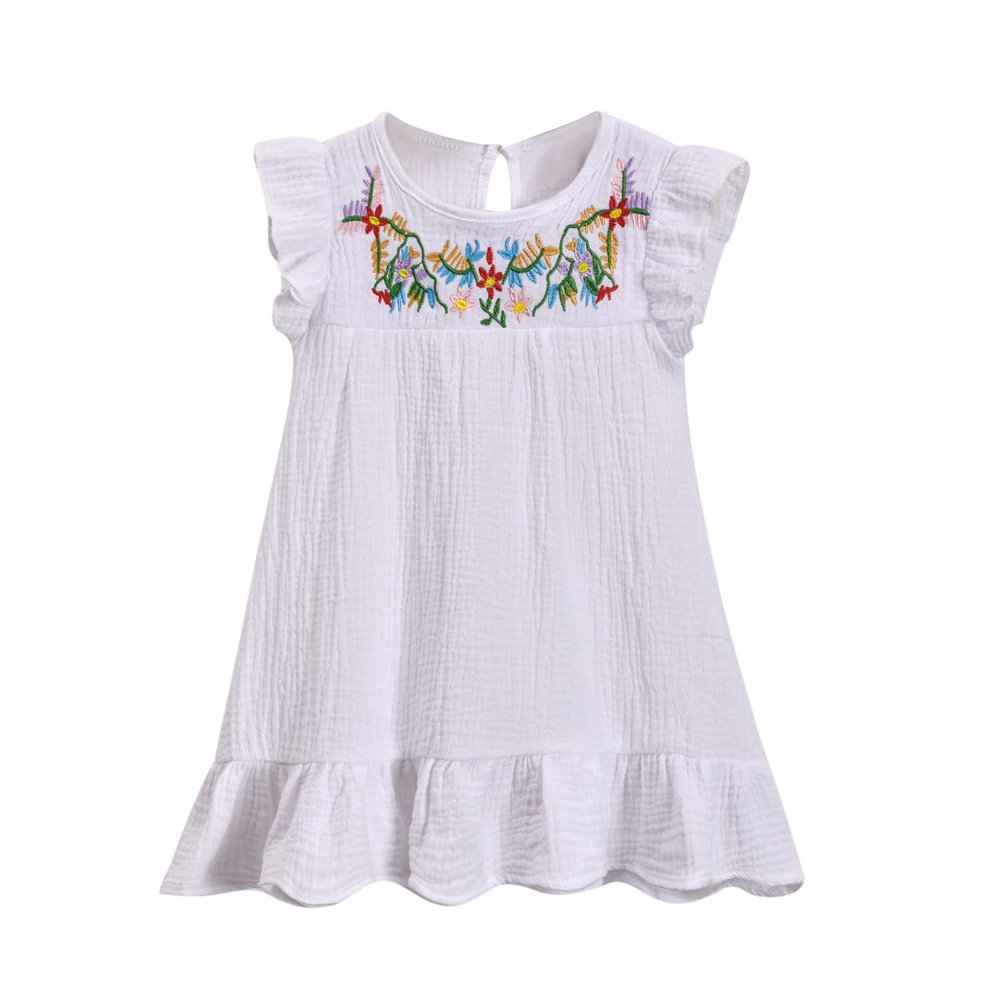 HINTINA Toddler Little Girl Kids Mexican Ethnic Embroidery Floral Dress Sleeveless Sundress 6T 6 Years White
