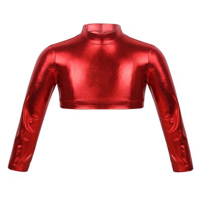 Sywiyi Kids Girls Mock Turtleneck Crop Tops Shiny Metallic Long Sleeves Tank Top Performance Modern Dancewear Red 14 Years