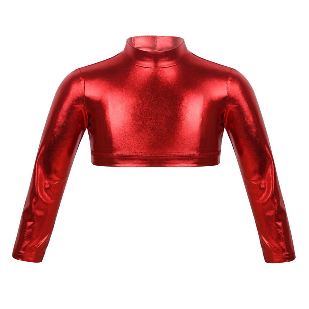 Sywiyi Kids Girls Mock Turtleneck Crop Tops Shiny Metallic Long Sleeves Tank Top Performance Modern Dancewear Red 14 Years