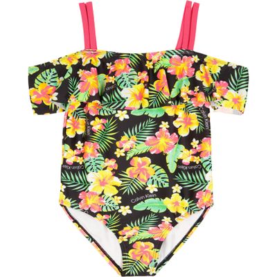 Calvin Klein Girls' One-Piece and Two-Piece Bikini Swimsuits with UPF 50+ Sun Protection, Quick Drying Bathing Suit, Tropical Black, 12-14