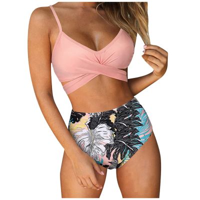 JOFOW Women's Tummy Control 2 Piece Bathing Suits Criss Cross High Waisted Floral Printed Bikini Swimsuit Tankini Swimwear(Pink,XL)