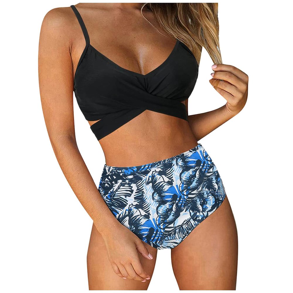 JOFOW Women's Tummy Control 2 Piece Bathing Suits Criss Cross High Waisted Floral Printed Bikini Swimsuit Tankini Swimwear(Blue,L)