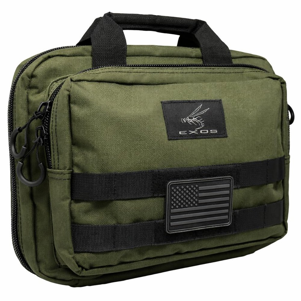 Exos Double Pistol Case - Tactical Double Soft Pistol Gun Bag - Handgun Carrying Case with Compartments - Hand Gun Storage Bag with MOLLE Webbing and Padded Interior - Designed in USA (Olive Drab)