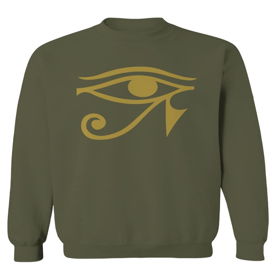 0459. Big Graphic Printed Egyptian Egypt Ancient Anubis Horus Eye god King Gold Men's Crewneck Sweatshirt (Olive, X-Large)