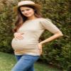 LaClef Women's Maternity Puff Sleeve Ribbed T-Shirt Top (Oatmeal, Medium) view 2