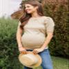 LaClef Women's Maternity Puff Sleeve Ribbed T-Shirt Top (Oatmeal, Medium) view 3
