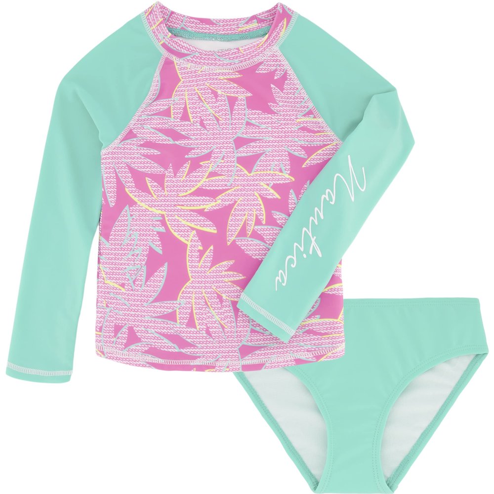 Nautica Girls' Two-Piece Rashguard Swimsuit Set, UPF 50+ Sun Protection, Quick-Dry Bathing Suit, Cockatoo Palm, 12-14