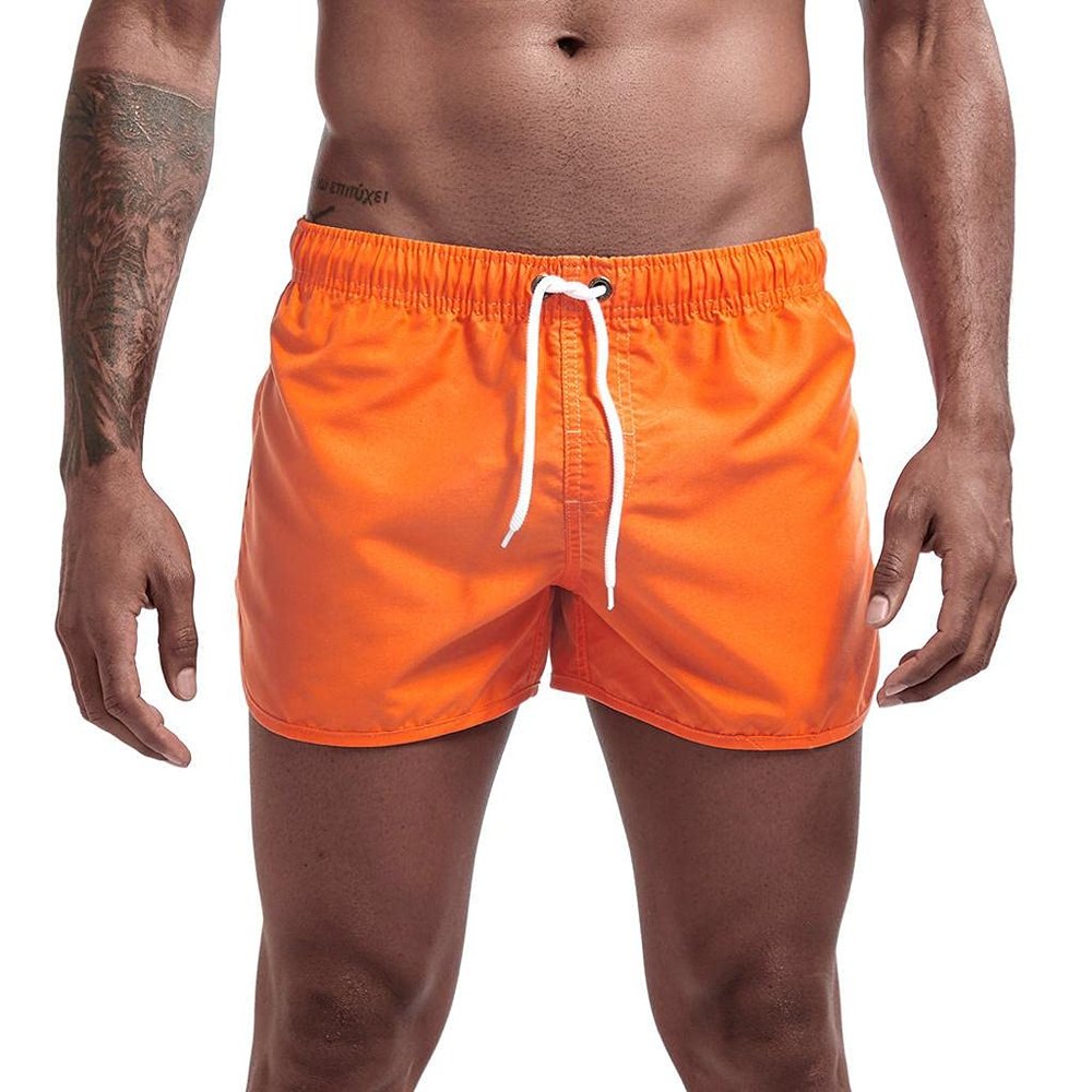 Mens Swimming Trunks No Mesh Liner Quick Dry Running Workout Shorts Pockets Casual Summer Solid Beach Shorts Swimwear Orange