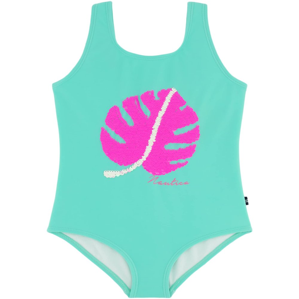 Nautica Girls' One-Piece Swimsuit with UPF 50+ Sun Protection, Quick Drying Bathing Suit, Cockatoo Palm, 12-14