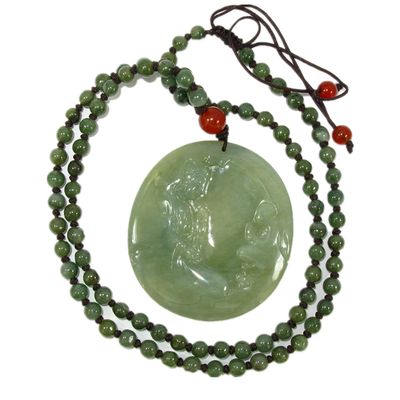 2" China Nature Certified Grade A Jadeite Jade Blessing Kwan-yin and Wudao Hand Carved Necklace Pendant 8754