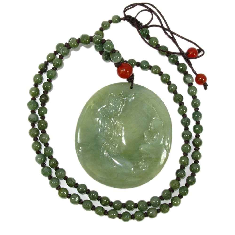 2" China Nature Certified Grade A Jadeite Jade Blessing Kwan-yin and Wudao Hand Carved Necklace Pendant 8754