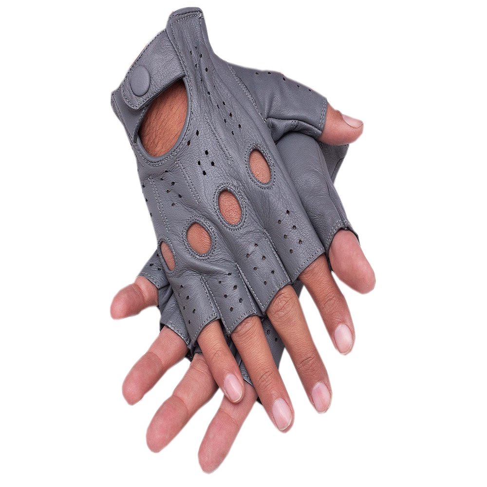 Gloves 007 Driving Half Finger Finger Less Knuckle Holes For Men Genuine Leather (Large, Grey)