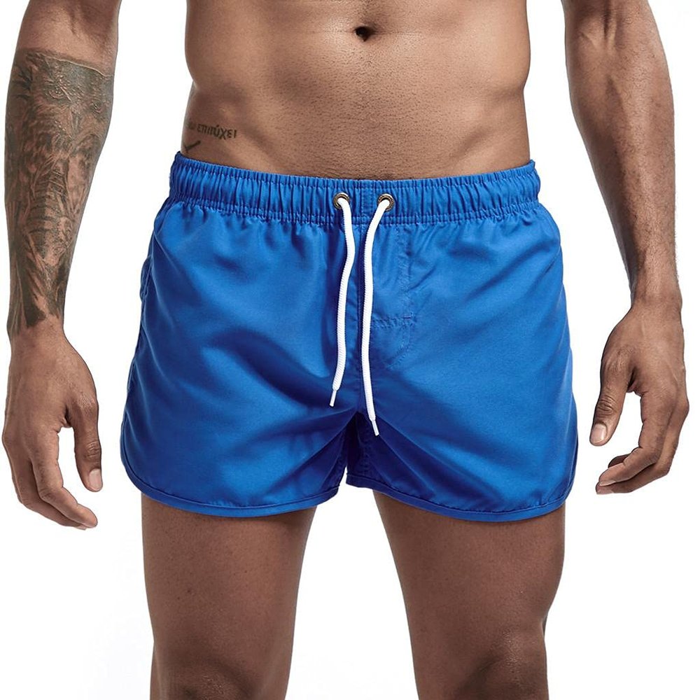 Mens Swimming Trunks No Mesh Liner Quick Dry Running Workout Shorts Pockets Casual Summer Solid Beach Shorts Swimwear Blue