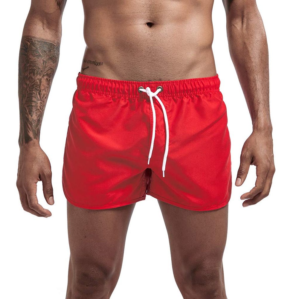 Mens Swimming Trunks No Mesh Liner Quick Dry Running Workout Shorts Pockets Casual Summer Solid Beach Shorts Swimwear Red
