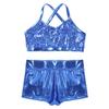 Daenrui Kids Girls 2 Piece Sequins Sports Dance Outfit Crop Top with Booty Shorts Gymnastics Dancing Costume Lightblue 5-6 Years view 3