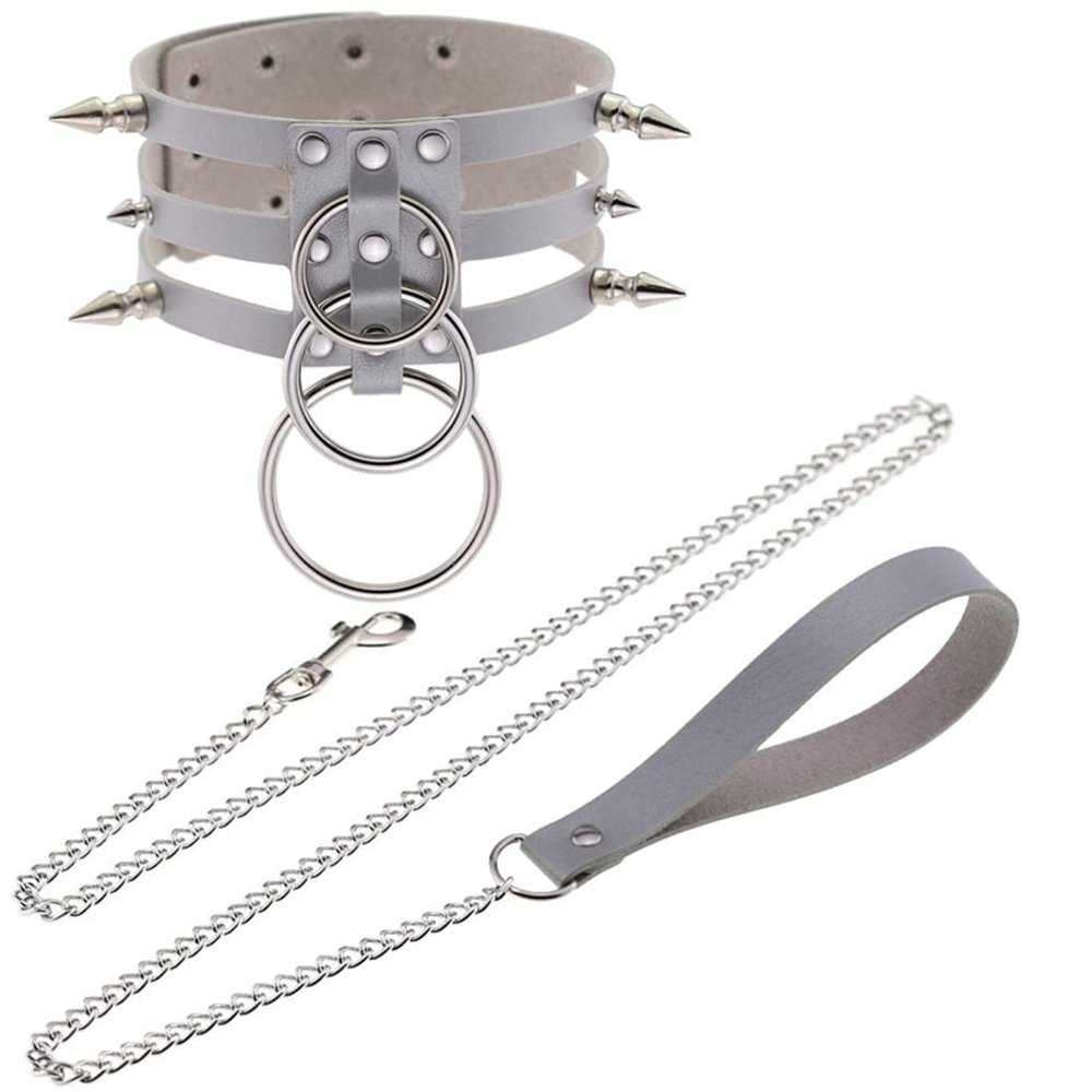JNKET Harajuku Rivets Choker Punk Hauling Chain PU Leather Collar Three Metal Ring Gothic Necklace NightClub Goth Leash Belts Adjustable Size (Light grey)