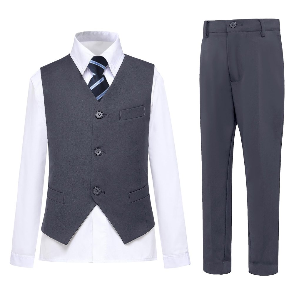 Boy Suits Toddler Formal Suit Vest Set for Wedding Kids Dresswear Set with Shirt Pants Vest and Tie Size 6 Grey