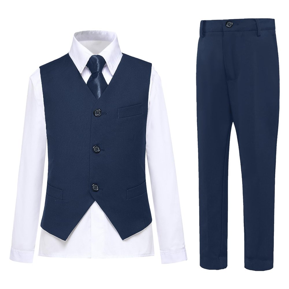 Mosedou Boys Suits for Kids Tuxedo Suit Vest Set Toddler Boy Wedding Outfit Formal Dresswear Size 5 Navy Blue
