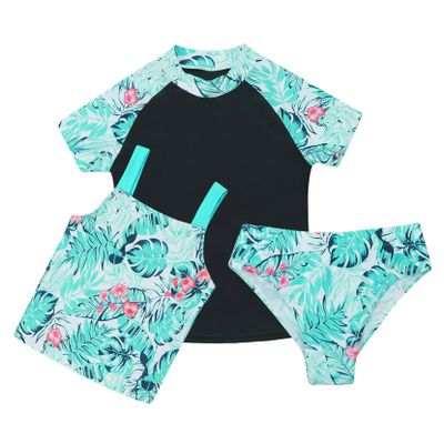 Yartina Kids Girls Rash Guard Swimsuit 2Pcs Sets Floral Print Short Sleeve Shirt with Booty Shorts Tankini Black-Green 8