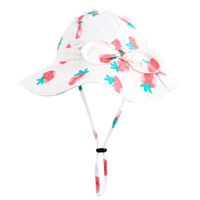 Baby Girl Sun Hat with UPF 50+ Outdoor Adjustable Beach Hat with Wide Brim Bucket Hats (12-24 Months, White-Strawberry Printing)