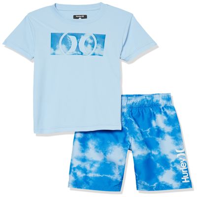 Hurley boys Swim Suit 2-piece Outfit Rash Guard Set, Blue/Tie Dye, 3T