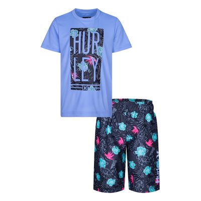 Hurley boys Swim Suit 2-piece Outfit Rash Guard Set, Blue/Black Floral, 12 Months US