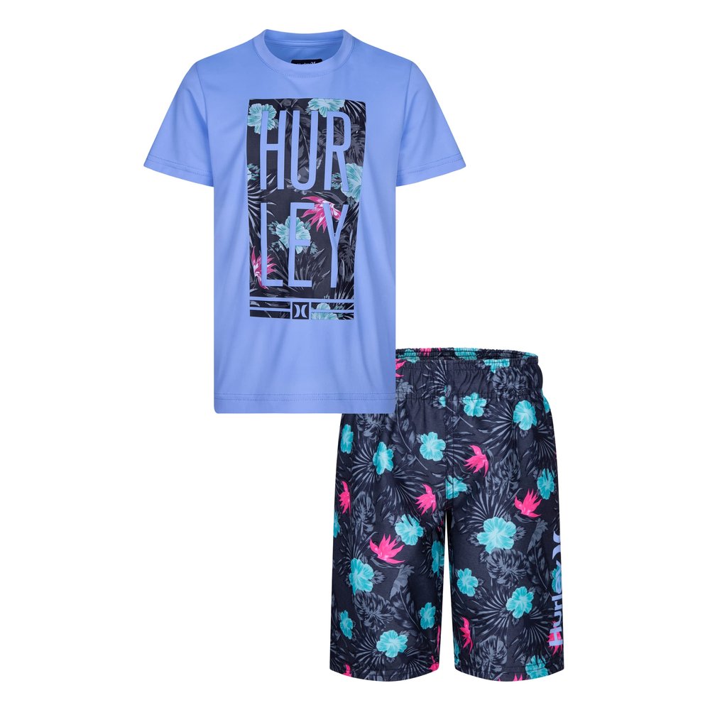 Hurley boys Swim Suit 2-piece Outfit Rash Guard Set, Blue/Black Floral, 12 Months US
