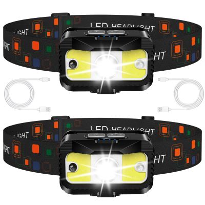 MIOISY Headlamp Rechargeable, Ultra Bright LED Head Lamp Flashlight with White Red Light, 2 Pack Motion Sensor Waterproof Headlight, 8 Modes Lights for Camping Fishing Running