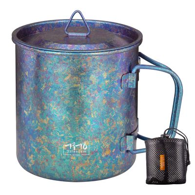 TiTo Titanium Cup Titanium Pot with Lid Ultralight Portable 450ml Foldable Handle Camping Tea Coffee Water Mug for Outdoor Backpacking Hiking Picnic Drinkware with Mesh Sack (Bright Blue)