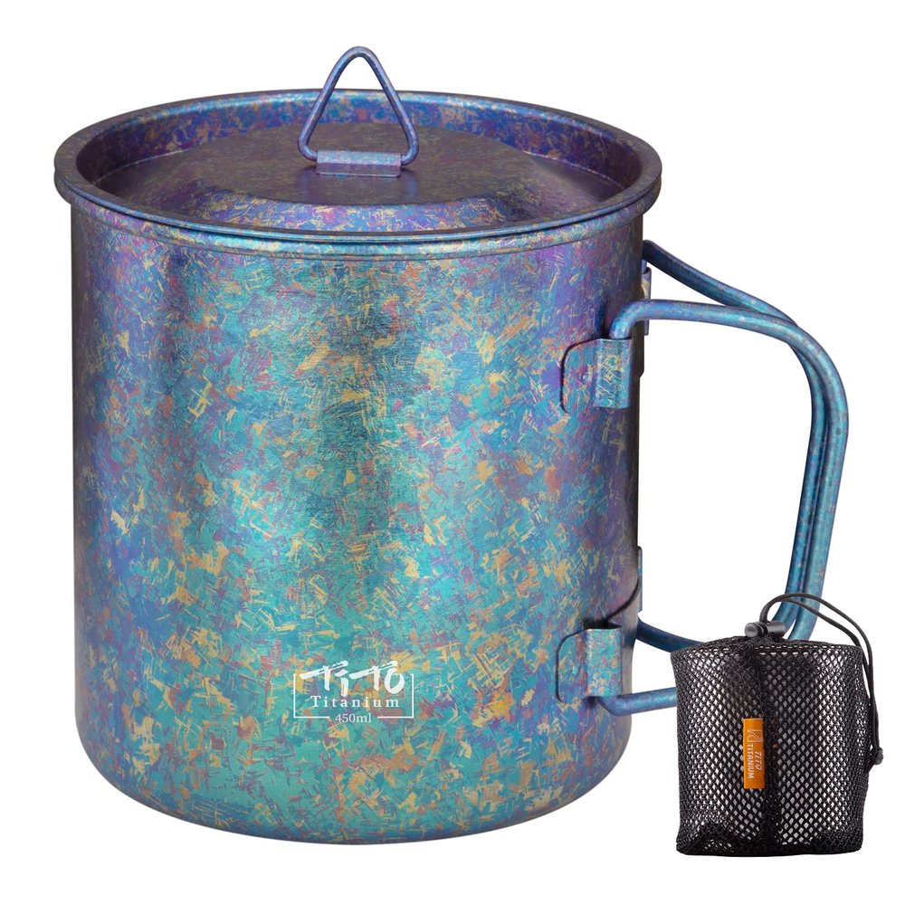 TiTo Titanium Cup Titanium Pot with Lid Ultralight Portable 450ml Foldable Handle Camping Tea Coffee Water Mug for Outdoor Backpacking Hiking Picnic Drinkware with Mesh Sack (Bright Blue)
