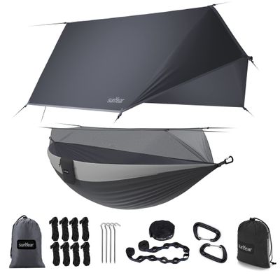 Sunyear Camping Hammock-Hammocks with Net and Rain Fly Tarp - Portable Single&Double Lightweight Nylon Parachute Hammocks with Hammock Tree Straps for Backpacking Hiking Travel Camping Indoor Outdoor