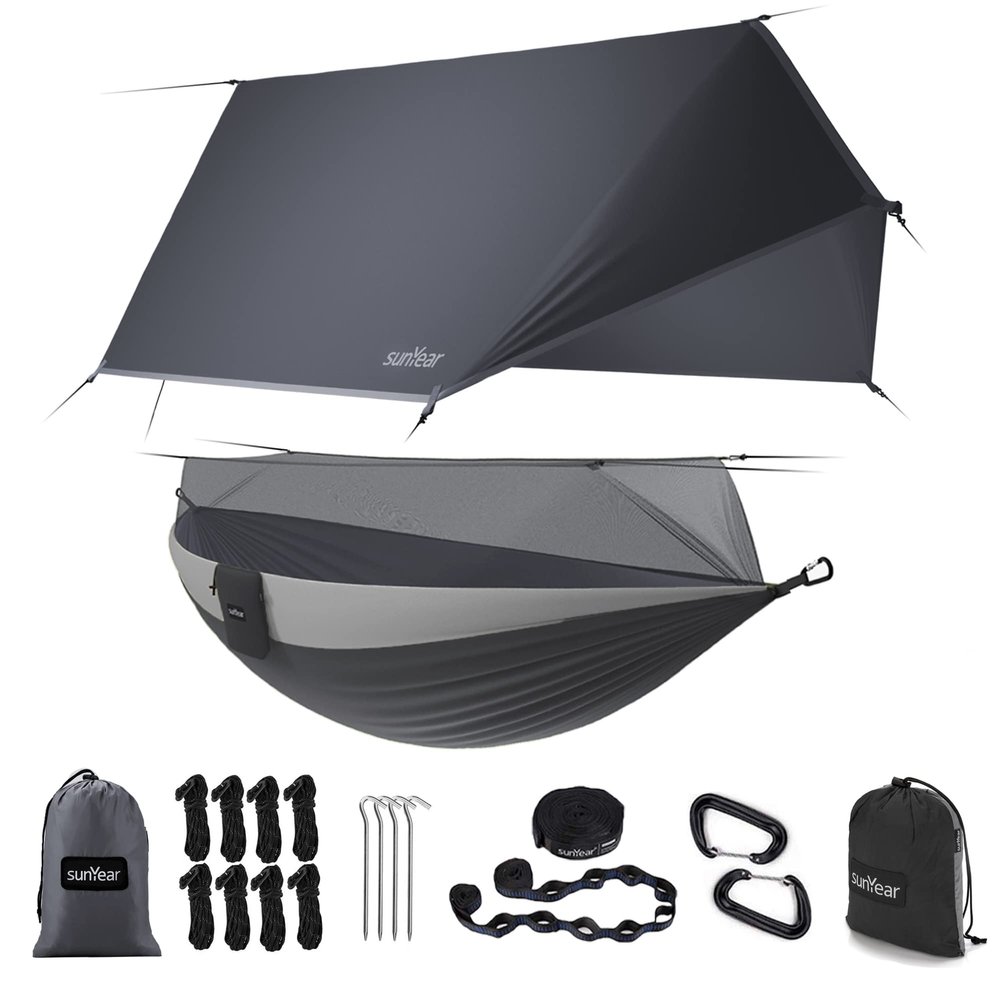 Sunyear Camping Hammock-Hammocks with Net and Rain Fly Tarp - Portable Single&Double Lightweight Nylon Parachute Hammocks with Hammock Tree Straps for Backpacking Hiking Travel Camping Indoor Outdoor