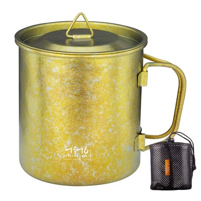 TiTo Titanium Cup Titanium Pot with Lid Ultralight Portable 450ml Foldable Handle Camping Tea Coffee Water Mug for Outdoor Backpacking Hiking Picnic Drinkware with Mesh Sack (Gold)