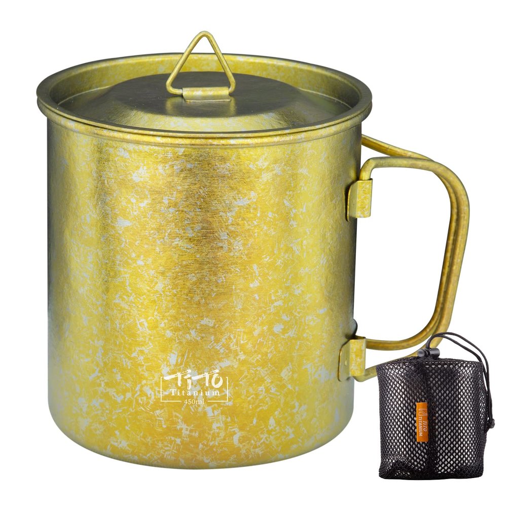 TiTo Titanium Cup Titanium Pot with Lid Ultralight Portable 450ml Foldable Handle Camping Tea Coffee Water Mug for Outdoor Backpacking Hiking Picnic Drinkware with Mesh Sack (Gold)