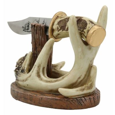 8 Point Buck Stag Deer Antlers Display with Bear Sculpted Dagger