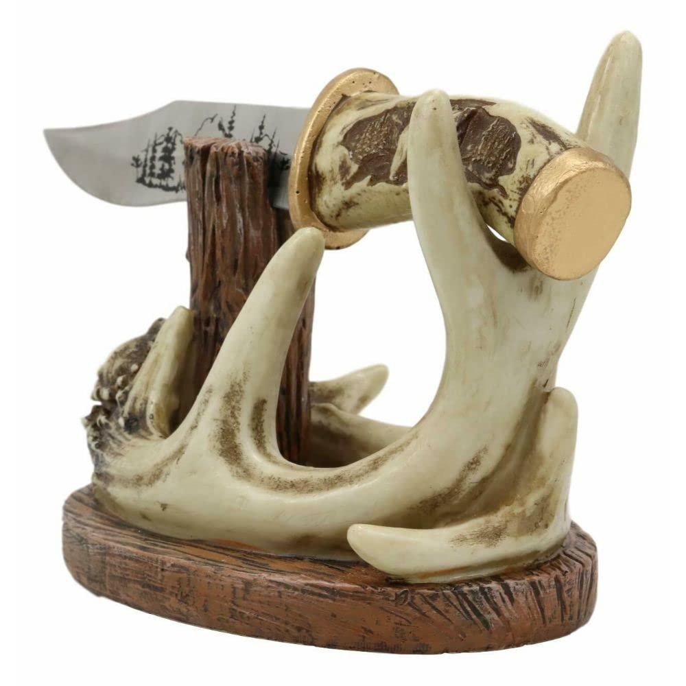 8 Point Buck Stag Deer Antlers Display with Bear Sculpted Dagger