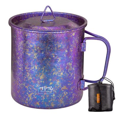 TiTo Titanium Cup Titanium Pot with Lid Ultralight Portable 450ml Foldable Handle Camping Tea Coffee Water Mug for Outdoor Backpacking Hiking Picnic Drinkware with Mesh Sack (Purple)