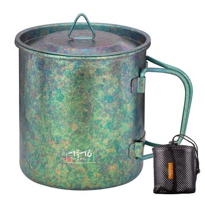TiTo Titanium Cup Titanium Pot with Lid Ultralight Portable 450ml Foldable Handle Camping Tea Coffee Water Mug for Outdoor Backpacking Hiking Picnic Drinkware with Mesh Sack (Green)