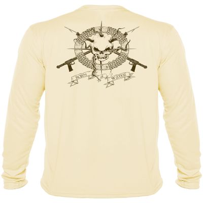 Born of Water Spearfishing Shirt: Performance Long Sleeve: Skull & Spearguns: Pale Yellow - M