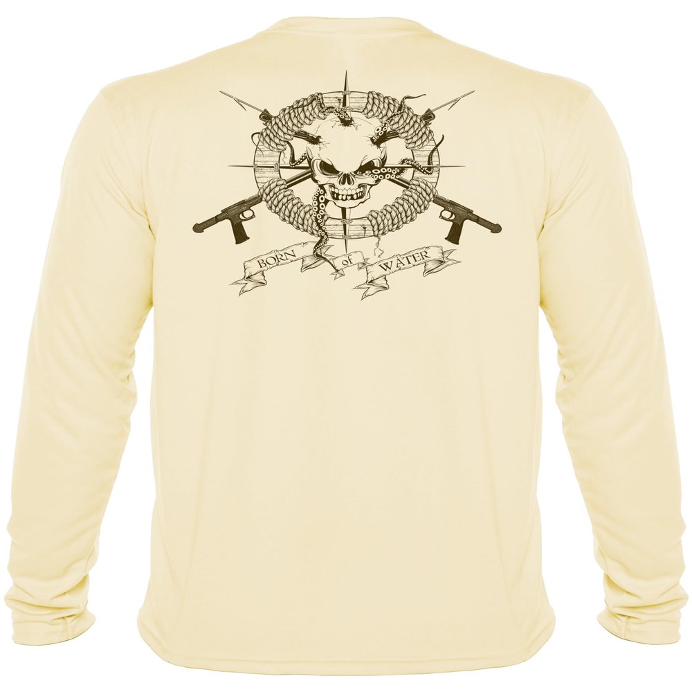 Born of Water Spearfishing Shirt: Performance Long Sleeve: Skull & Spearguns: Pale Yellow - M