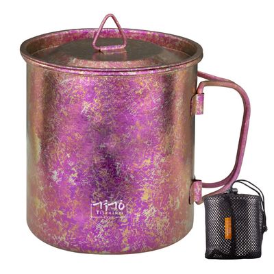 TiTo Titanium Cup Titanium Pot with Lid Ultralight Portable 450ml Foldable Handle Camping Tea Coffee Water Mug for Outdoor Backpacking Hiking Picnic Drinkware with Mesh Sack (Rose Red)