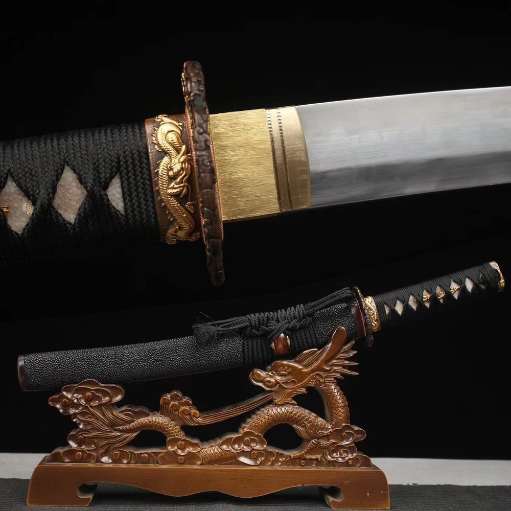 HERO SWORD-Fully Handmade Black Genuine Ray Skin Tanto Real Top Japanese Hitatsura Hamon Razor Sharp Blade Japanese Samurai Sword Dragon King of The Sea Theme High Grade Collectibles