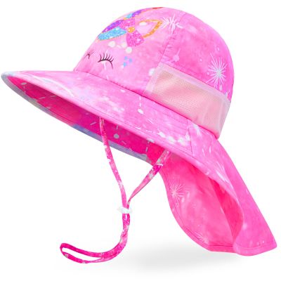 Girls Sun Hat for Kids UV Protection Unicorn Summer Hat Beach Play Hats Wide Brim Neck Flap for Girls Ponytail Hat 2-9 Years