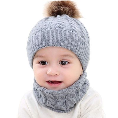 Kids Winter Hat and Scarf Set 2Pcs Winter Warm Knit Beanie Cap and Scarf for Toddler Baby Girls Boys 5-14 Years Old (Gray, One Size)